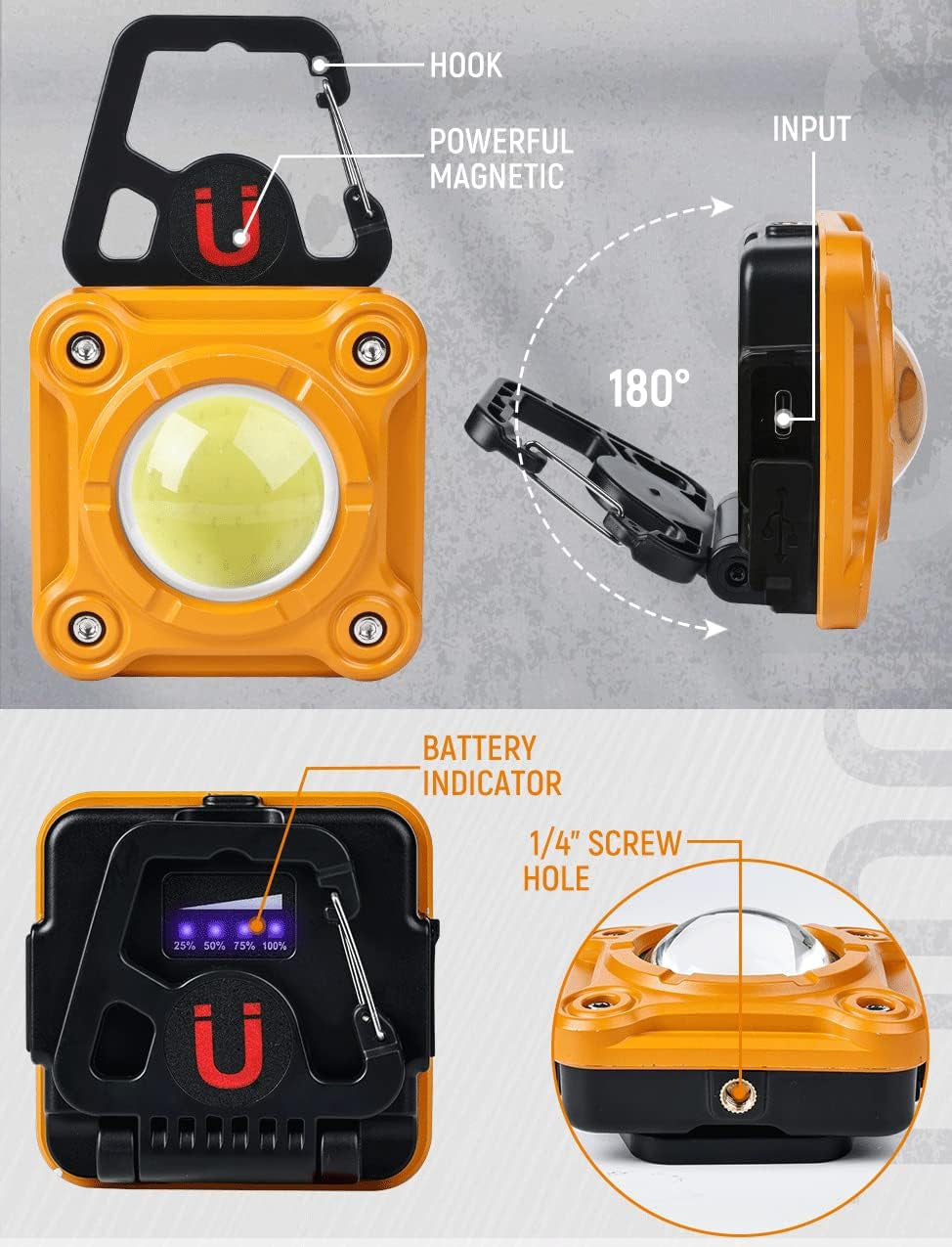 ANHAY Rechargeable Led Work Light, 1500 Lumens 40W Magnetic LED Work Light with 3 Light Modes, Portable Magnetic Bracket and Hook for Camping and Garage Repair