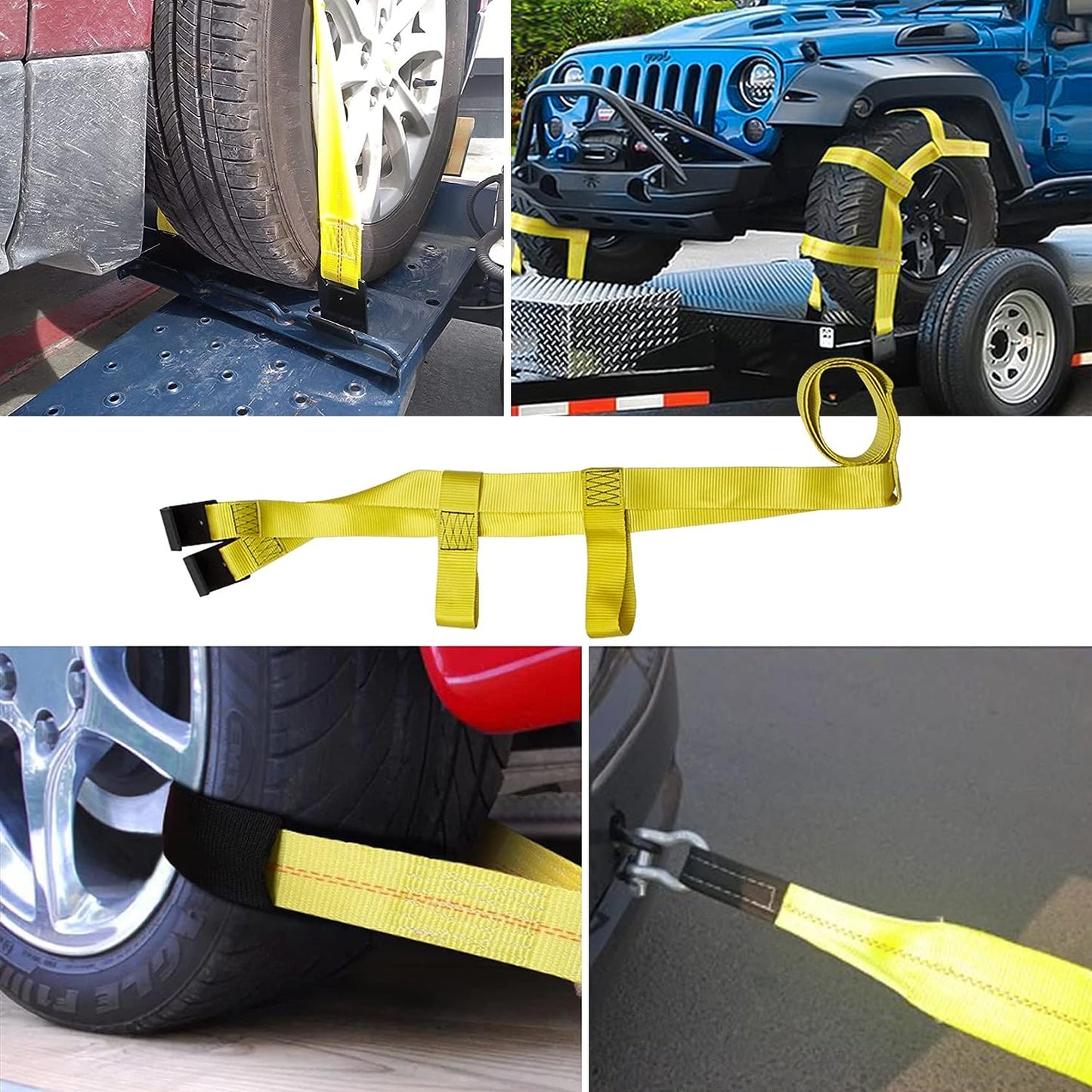 2 Pieces Tow Dolly Straps, Universal Adjustable Tie down Tow Straps 15" to 20" Rim Size Fits for Demco Kar Kaddy Dollys with 2 Flat Hooks (5" to 20" Rim Tow Strap_Yellow)