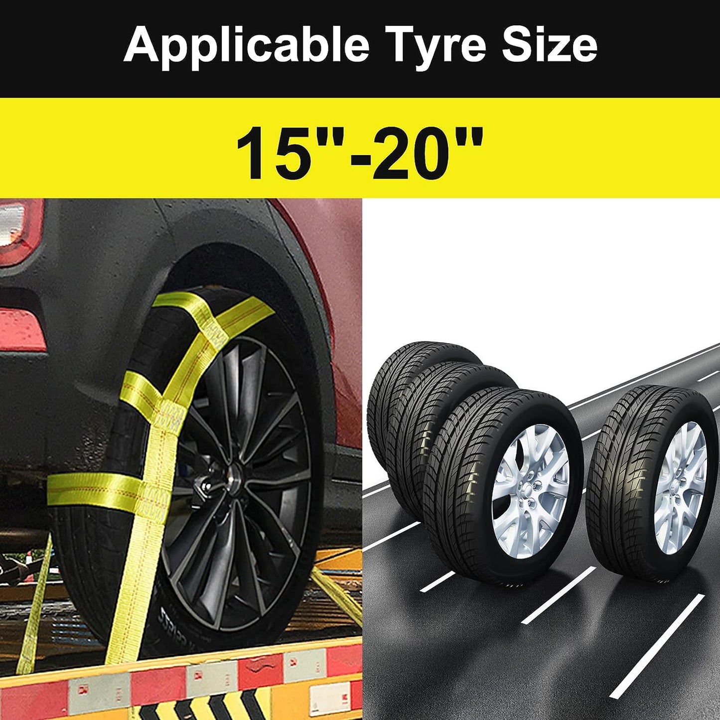 2 Pieces Tow Dolly Straps, Universal Adjustable Tie down Tow Straps 15" to 20" Rim Size Fits for Demco Kar Kaddy Dollys with 2 Flat Hooks (5" to 20" Rim Tow Strap_Yellow)