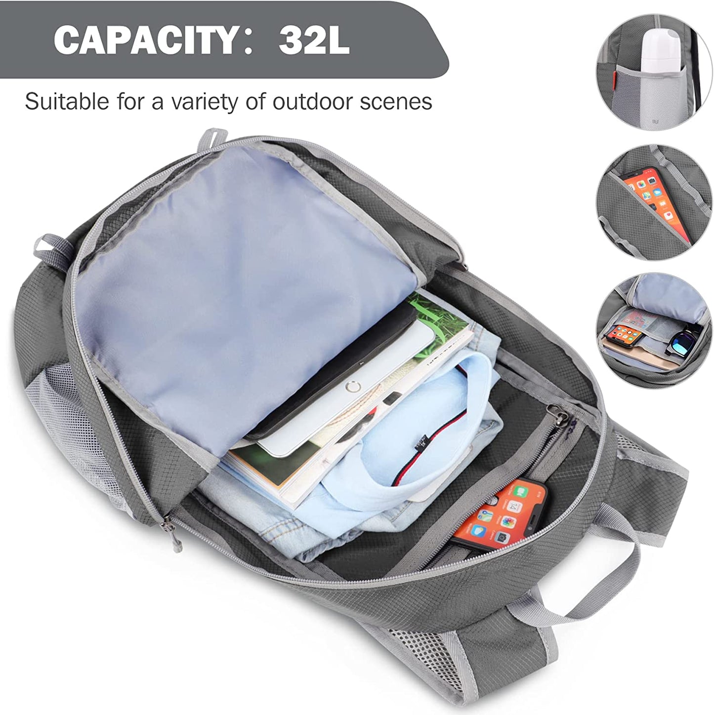 Packable Hiking Backpack Water Resistant:32L Lightweight Foldable Backpacks - Small Packable Back Pack for Travel