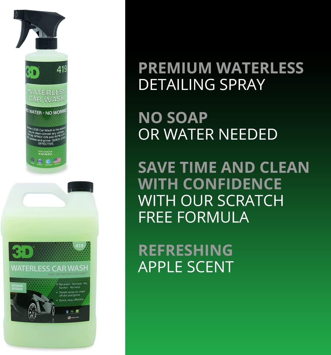 3D Waterless Car Wash - Easy Spray Waterless Detailing Spray - No Soap or Water Needed - Great on Cars, Rvs, Motorcycles & Boats 16Oz.