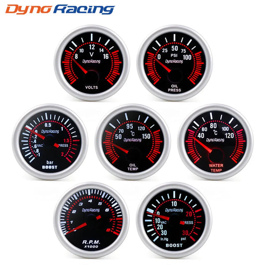 Dynoracing 2" 52mm Smoke lens Boost gauge bar psi Vacuum Water temp Oil temp Oil press Voltmeter Fuel level Tachometer rpm gauge