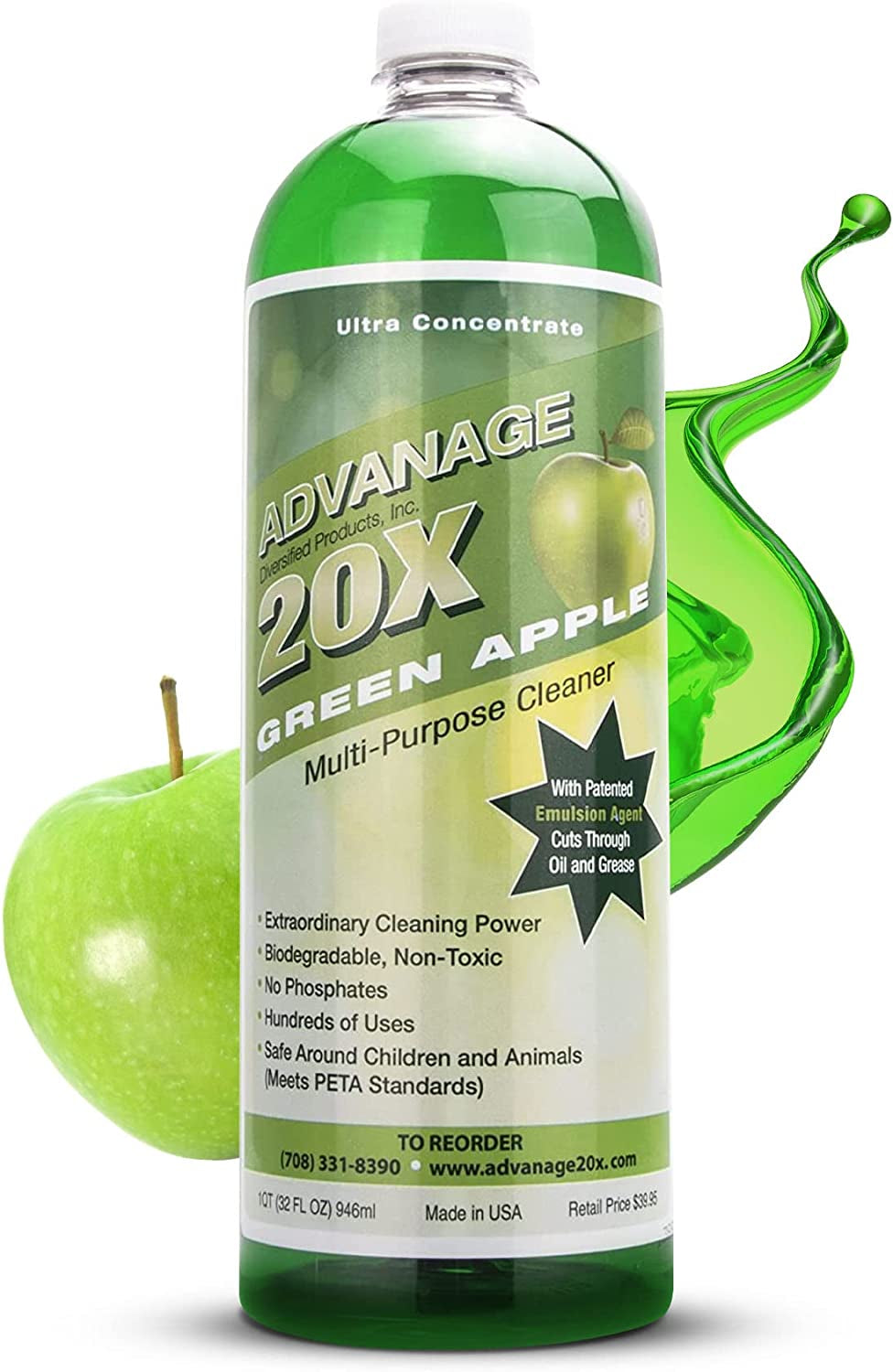 ADVANAGE the Wonder Cleaner 20X Multi-Purpose Ultra Concentrated Formula, Makes 20 Quarts, Green Apple Scented, 32 Fluid Ounce 1 Quart