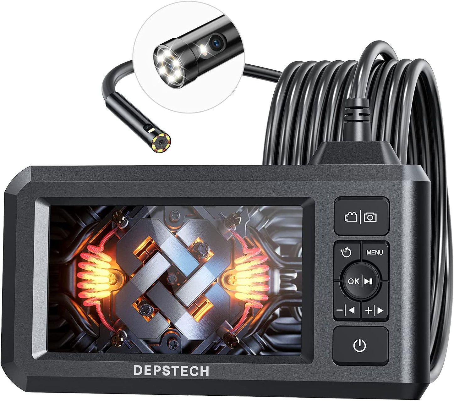 Dual Lens Industrial Endoscope, 1080P Digital Borescope Inspection Camera, 7.9Mm IP67 Waterproof Camera, Sewer Camera with 4.3" LCD Screen,7 LED Lights,16.5Ft Semi-Rigid Cable,32Gb Card-Black