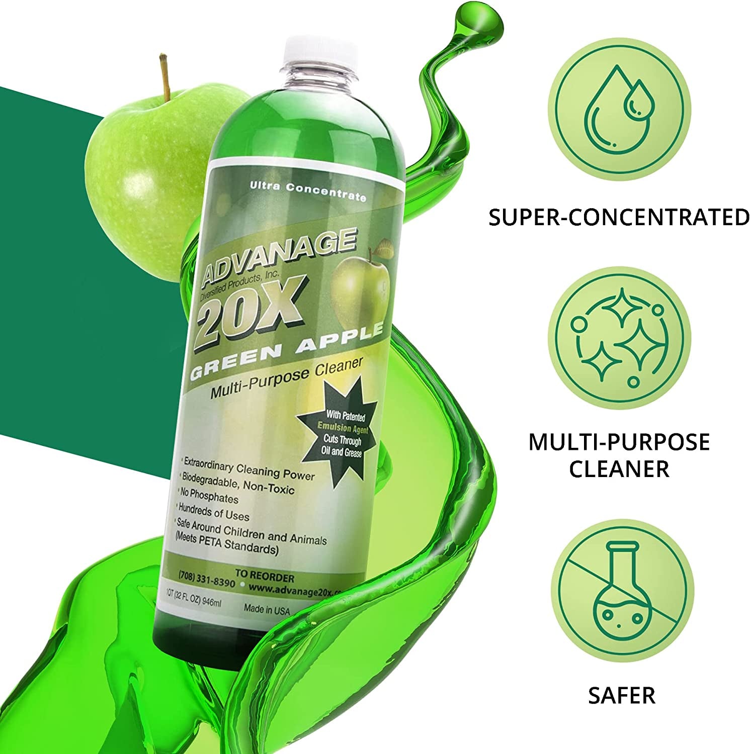 ADVANAGE the Wonder Cleaner 20X Multi-Purpose Ultra Concentrated Formula, Makes 20 Quarts, Green Apple Scented, 32 Fluid Ounce 1 Quart