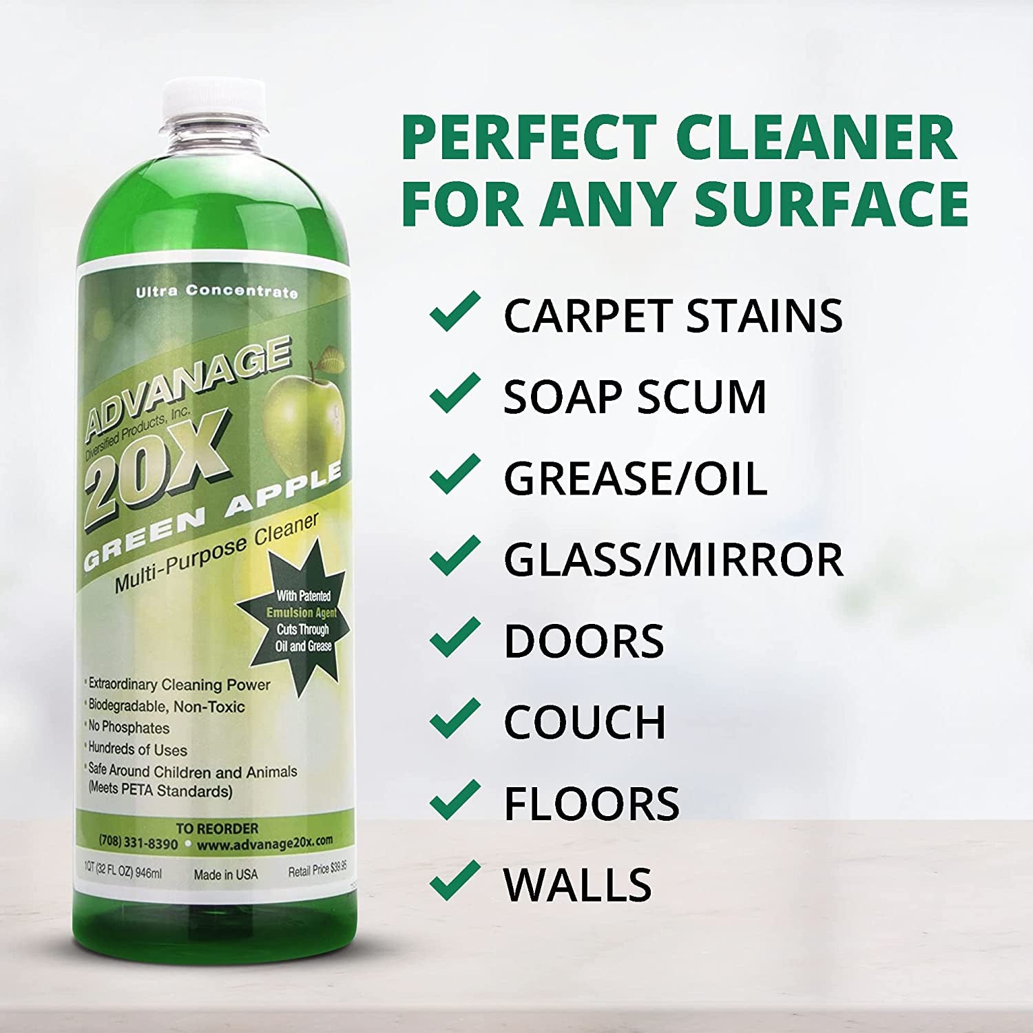 ADVANAGE the Wonder Cleaner 20X Multi-Purpose Ultra Concentrated Formula, Makes 20 Quarts, Green Apple Scented, 32 Fluid Ounce 1 Quart