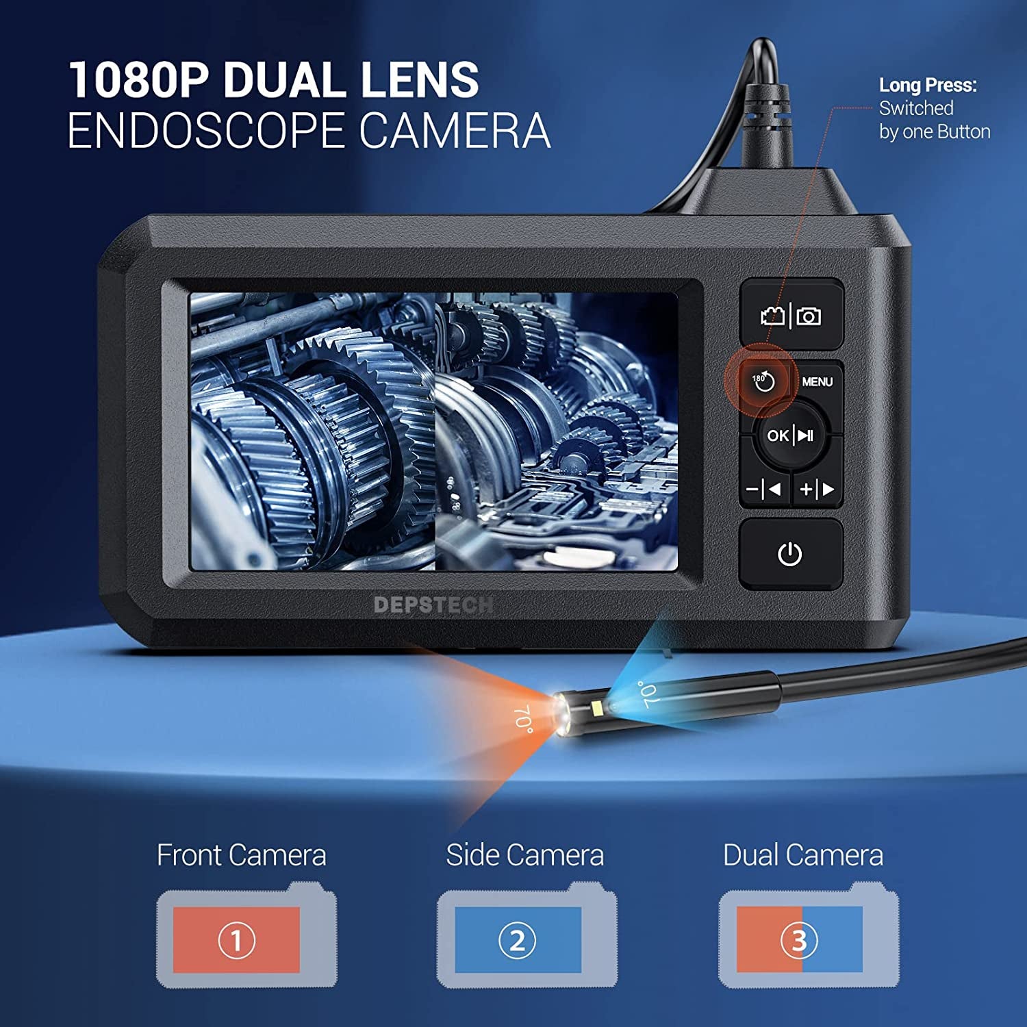 Dual Lens Industrial Endoscope, 1080P Digital Borescope Inspection Camera, 7.9Mm IP67 Waterproof Camera, Sewer Camera with 4.3" LCD Screen,7 LED Lights,16.5Ft Semi-Rigid Cable,32Gb Card-Black