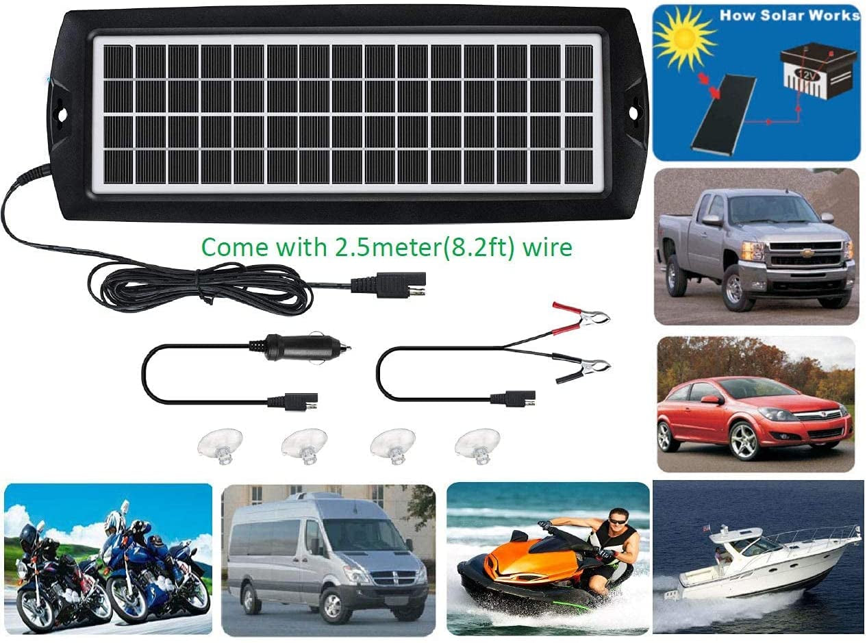 Car Battery Trickle Charger & Maintainer 5W Solar Panel Power 12V Charger Kit Portable Waterproof for Automotive RV Marine Boat Truck Motorcycle Trailer Tractor Powersports Snowmobiles