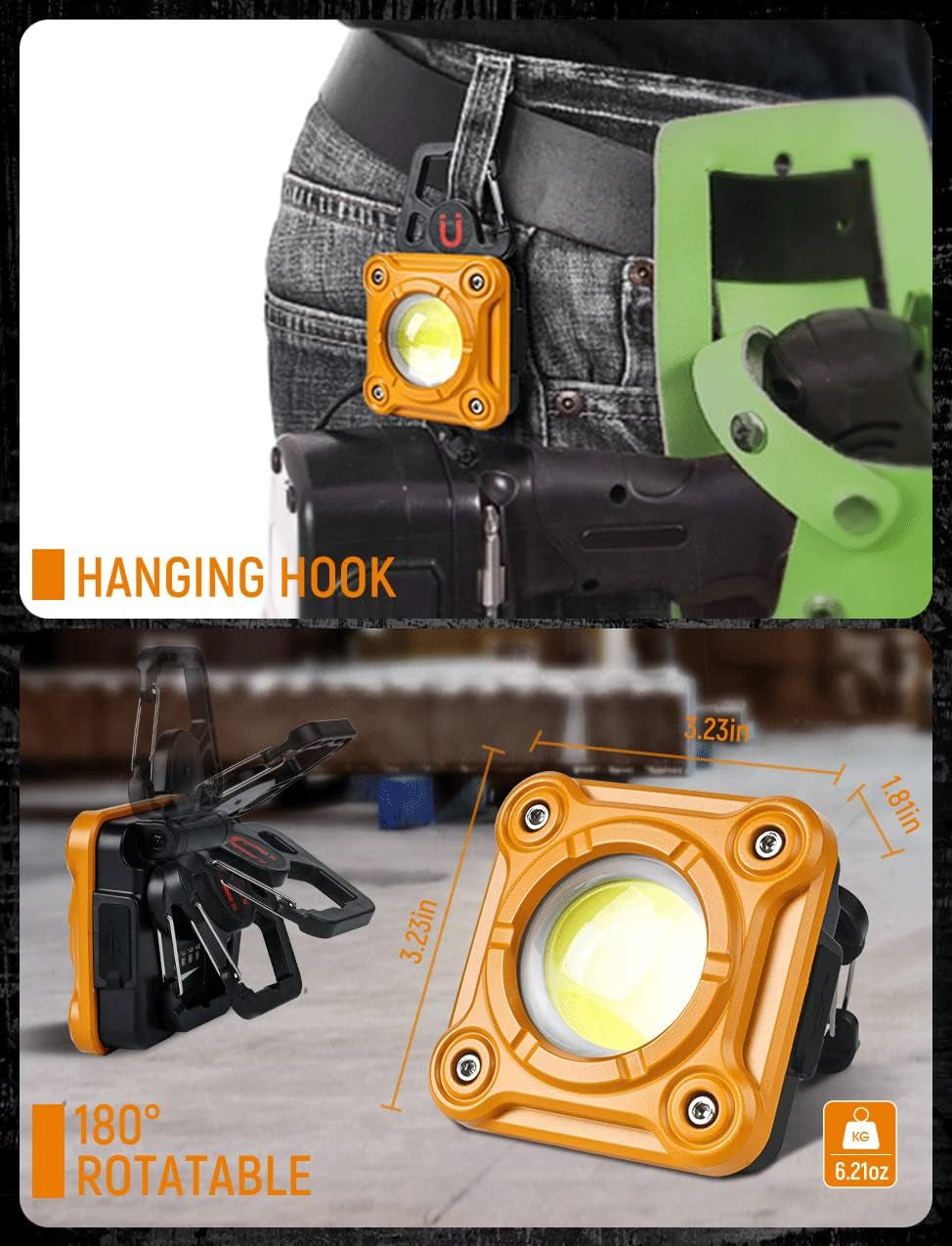ANHAY Rechargeable Led Work Light, 1500 Lumens 40W Magnetic LED Work Light with 3 Light Modes, Portable Magnetic Bracket and Hook for Camping and Garage Repair