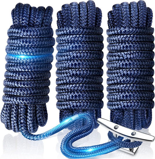 GREENEVER &Ropes Boat Accessories-3Pc 1/2Inx15 Ropes for Boats Double-Braided Mooring Marine Ropes with 12In Eye Loop for Docking,6500 Lbs Breaking Strength Boating Gifts for Men(Navy Blue)