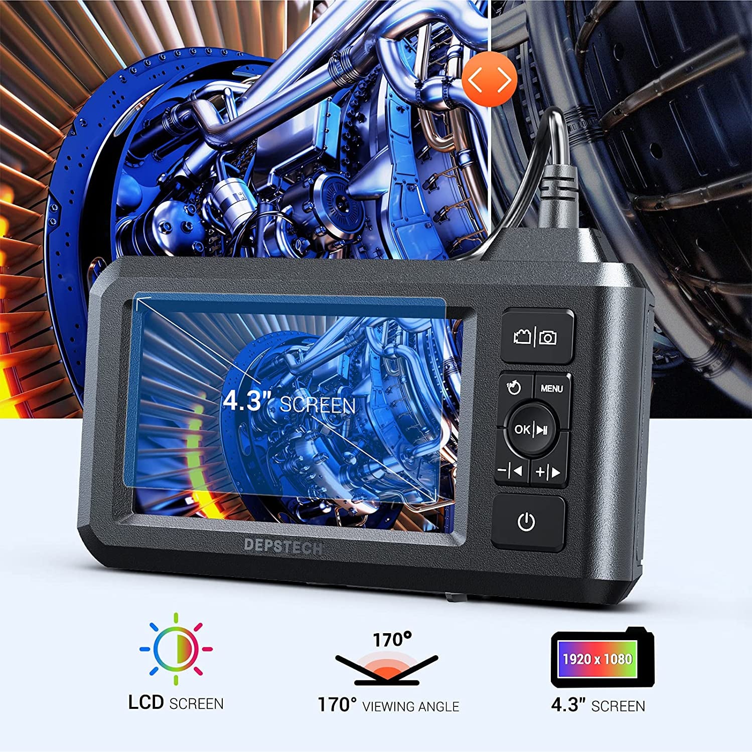Dual Lens Industrial Endoscope, 1080P Digital Borescope Inspection Camera, 7.9Mm IP67 Waterproof Camera, Sewer Camera with 4.3" LCD Screen,7 LED Lights,16.5Ft Semi-Rigid Cable,32Gb Card-Black