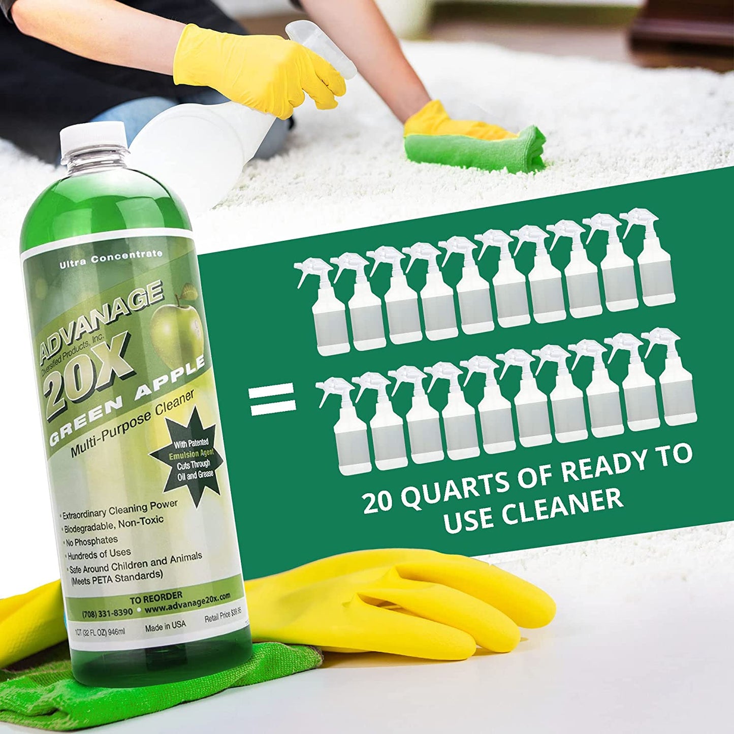 ADVANAGE the Wonder Cleaner 20X Multi-Purpose Ultra Concentrated Formula, Makes 20 Quarts, Green Apple Scented, 32 Fluid Ounce 1 Quart