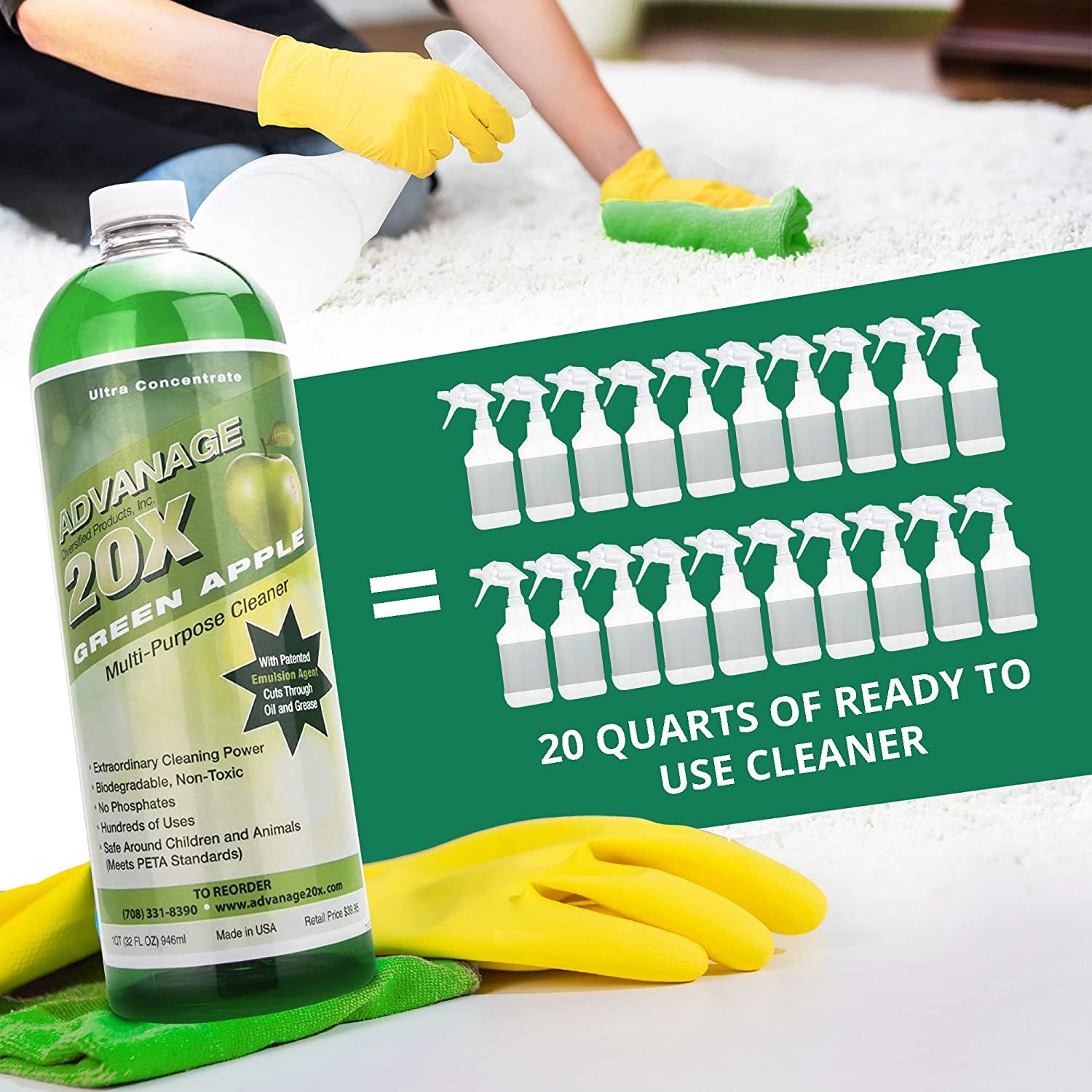 ADVANAGE the Wonder Cleaner 20X Multi-Purpose Ultra Concentrated Formula, Makes 20 Quarts, Green Apple Scented, 32 Fluid Ounce 1 Quart