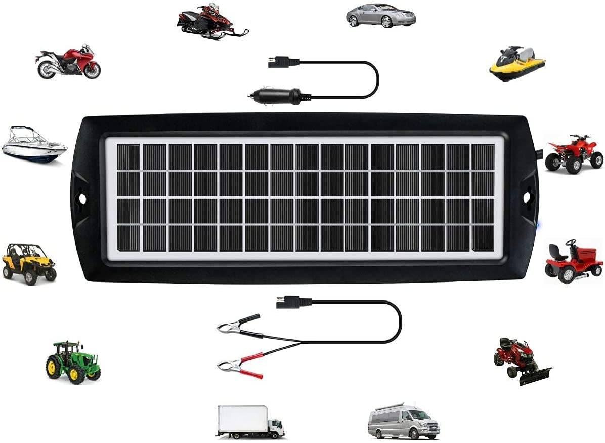 Car Battery Trickle Charger & Maintainer 5W Solar Panel Power 12V Charger Kit Portable Waterproof for Automotive RV Marine Boat Truck Motorcycle Trailer Tractor Powersports Snowmobiles